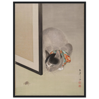 Oide Tōkō — Katze beobachtet eine Spinne (c. 1888–92) · Mattes Papier mit Holzrahmen
