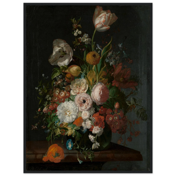 Rachel Ruysch — Stillleben mit Blumen in einer Glasvase (um 1700) · Mattes Papier mit Holzrahmen