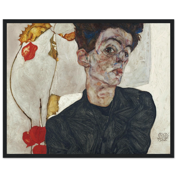 Egon Schiele — Selbstbildnis mit Lampionfrüchten (1912) · Mattes Papier mit Holzrahmen