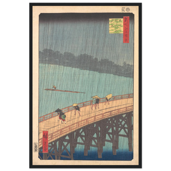 Utagawa Hiroshige — Plötzlicher Regenschauer über der Shin-Ōhashi-Brücke und Atake (1857) · Mattes Papier mit Holzrahmen