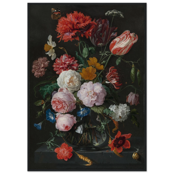 Jan Davidsz. de Heem — Stillleben mit Blumen in einer Glasvase (1650–1683) · Mattes Papier mit Holzrahmen
